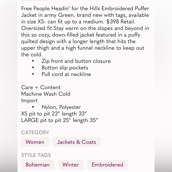 #111. NWT Free People Heading for the Hills Embroidered Puffer Jacket in Olive - Picture 3 of 7